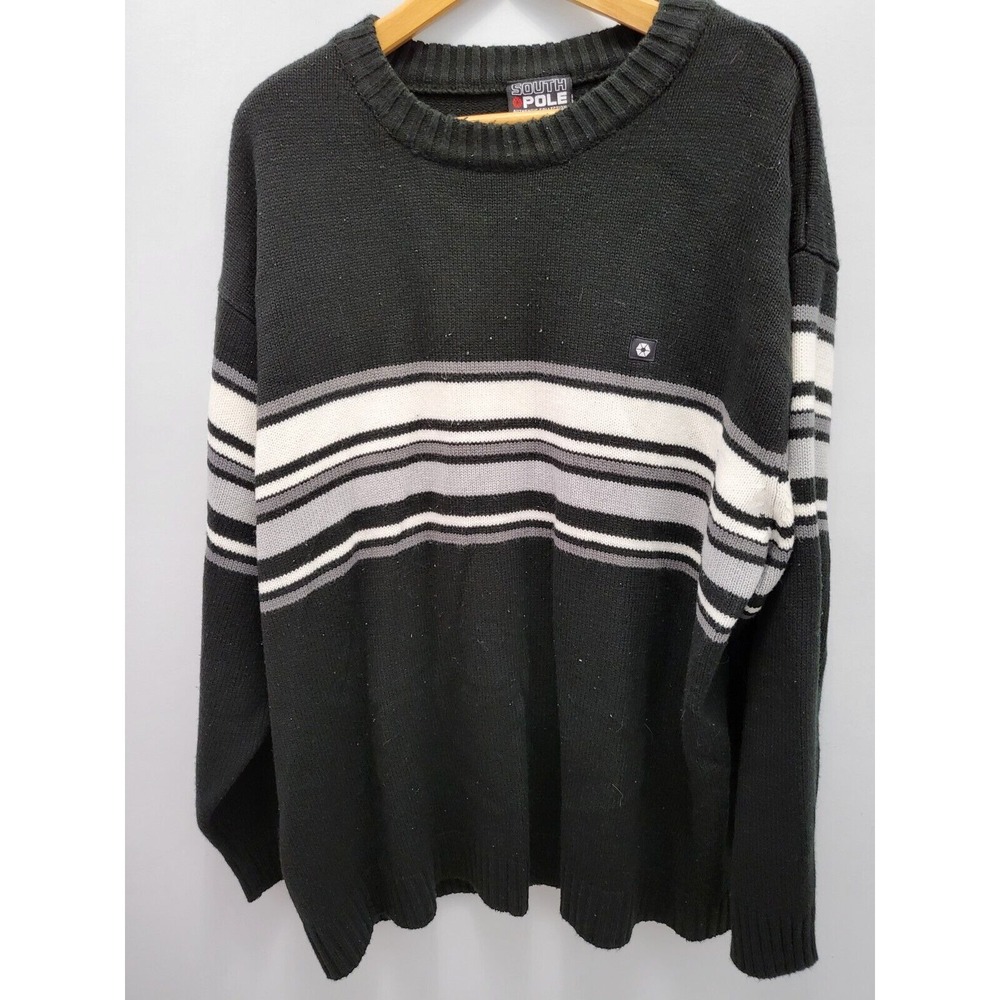 Southpole Sweater Mens XXL Black Gray Striped Chunky Vintage Y2K